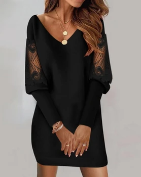 Платья для женщин 2023, осенняя женская одежда, черное модное повседневное мини-платье с V-образным вырезом и длинным рукавом, контрастное кружевное платье с рукавами-гиготами