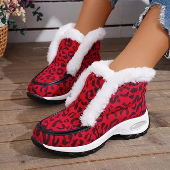 Повседневная женская обувь на платформе большого размера; Новинка зимы 2023 года; Красные женские ботинки с леопардовым принтом; Модная уличная женская хлопчатобумажная обувь;