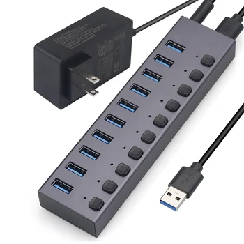 Разветвитель USB3.0 на 10 портов, Мультиинтерфейсный Концентратор для зарядки с переключателем и блоком питания-US