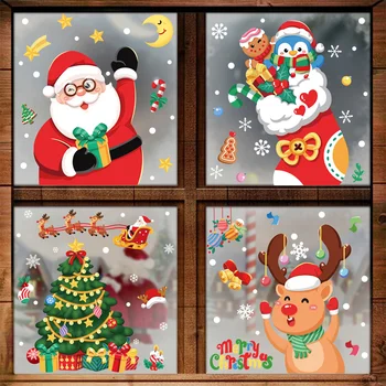 Рождественские Наклейки На Стену Санта Клаус Снежинка Лось Стеклянная Наклейка ПВХ Наклейка На Окно Наклейка На Окно С Рождеством Украшение Дома