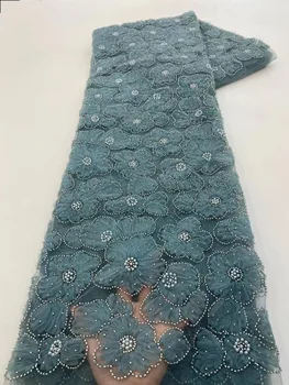 Роскошная Нигерийская кружевная ткань ручной работы из бисера 2023, Высококачественная вышивка пайетками, Африканская Французская кружевная ткань для платья HXZ5673