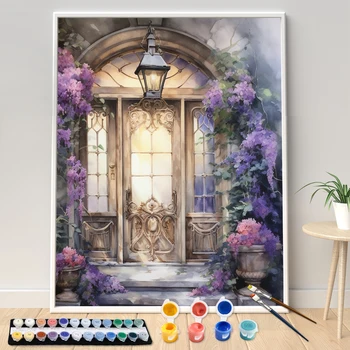 Ручная роспись фиолетовых цветов перед дверью с набором для рисования маслом по номерам, поделки Canva Art, подарок для украшения дома