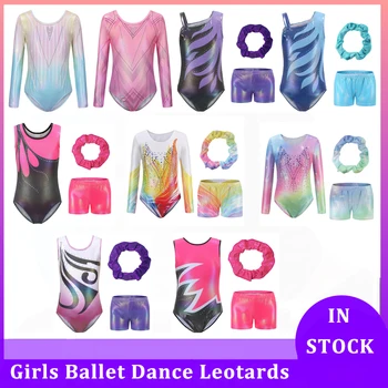 Танцевальное Балетное трико для девочек, гимнастические костюмы, модное боди с градиентной позолотой, инкрустацией стразами, шортами и повязкой на голове.