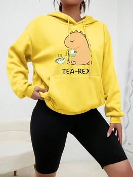 Толстовка с принтом желтого динозавра Tea-Rex для приготовления чая, женская толстовка с мультяшным рисунком, Повседневная уличная одежда с карманами, Удобный пуловер