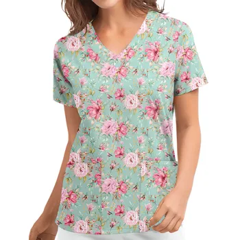 Униформа медсестры Женская С цветочным рисунком, Скрабы с коротким рукавом, Верхняя одежда для сиделки, Униформа для медсестер для мужчин