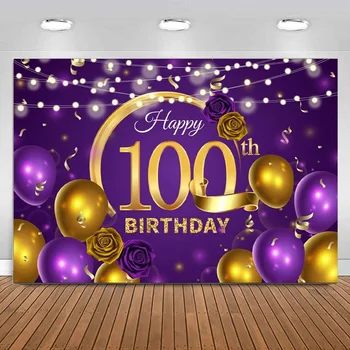 Фиолетовый и золотой 100-й фон с Днем Рождения Золотой воздушный шар для женщин и мужчин Золотой фон для фотосъемки вечеринок Украшения баннеров