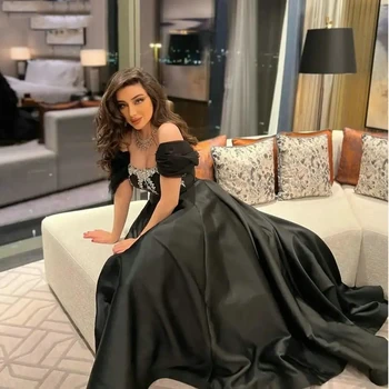 Черные атласные вечерние платья Дубай 2024 Для элегантных женщин трапециевидного силуэта, длинные платья для выпускного вечера в Саудовской Аравии, расшитые бисером, вечернее платье