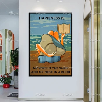 Чтение На Пляже Книжный Плакат Счастье-Это Мои Пальцы Ног в Песке И Мой Нос В Книге Настенные Художественные Принты Домашний Декор Холст Уникальный Подарок