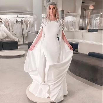 Элегантное белое вечернее платье в стиле русалки из Дубая с рукавами-накидками для женщин, арабское свадебное платье с рукавами-накидками, мусульманское длинное вечернее платье