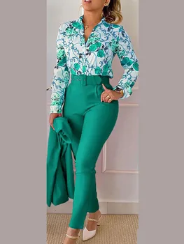 Элегантные женские офисные брюки-карандаш на шнуровке, комплект из двух предметов, Женская рубашка с длинными рукавами и принтом, весенне-летний тонкий костюм с высокой талией
