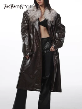 TWOTWINSTYLE, Однотонные повседневные пальто с поясом, с лацканами, в стиле пэчворк, Съемный меховой воротник, Тренч с длинным рукавом, Женская мода