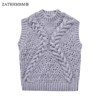 ZATRHMBM Для женщин 2023, Осенняя мода, серый вязаный жилет, свитер, винтажная уличная одежда без рукавов, женский жилет, шикарные топы