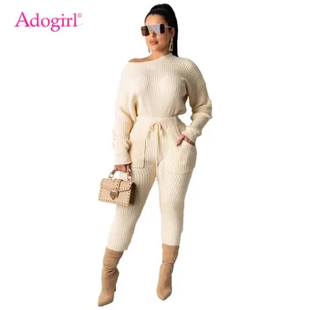 Женский модный повседневный свитер Adogirl, комплект из двух предметов, свободный пуловер с круглым вырезом и длинным рукавом, топ, брюки-карандаш, трикотажные костюмы в рубчик