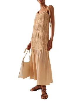 Женское летнее длинное пляжное платье цвета хаки с регулируемым плечевым ремнем и рюшами