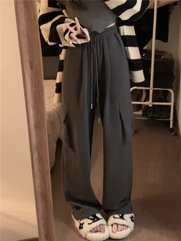 Маленькие брюки цвета хаки, женские свободные широкие брюки с высокой талией, облегающий комбинезон на осень и зиму, повседневные брюки с откидным верхом