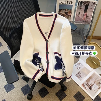 Новое поступление, Вязаный кардиган в Корейском академическом стиле с принтом белого Медведя, свитер, Осень-зима, Свободное Универсальное пальто с длинным рукавом X165