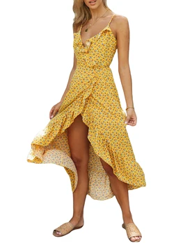 Элегантное Макси-платье без рукавов с V-образным вырезом и цветочным принтом, с гофрированным подолом и регулируемыми бретельками-спагетти для женщин - Идеально подходит для